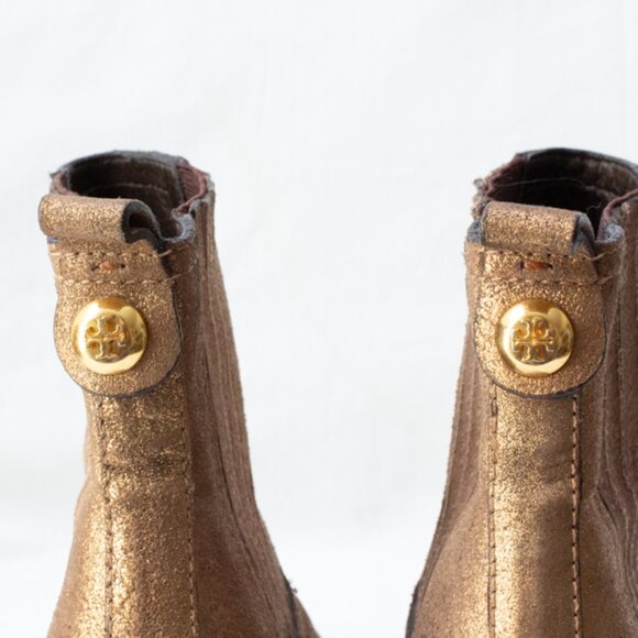 Tory Burch Gold Bronze Chelsea Ankle Boots Logo Monogram Block Platform Heel 5 - Picture 9 of 10